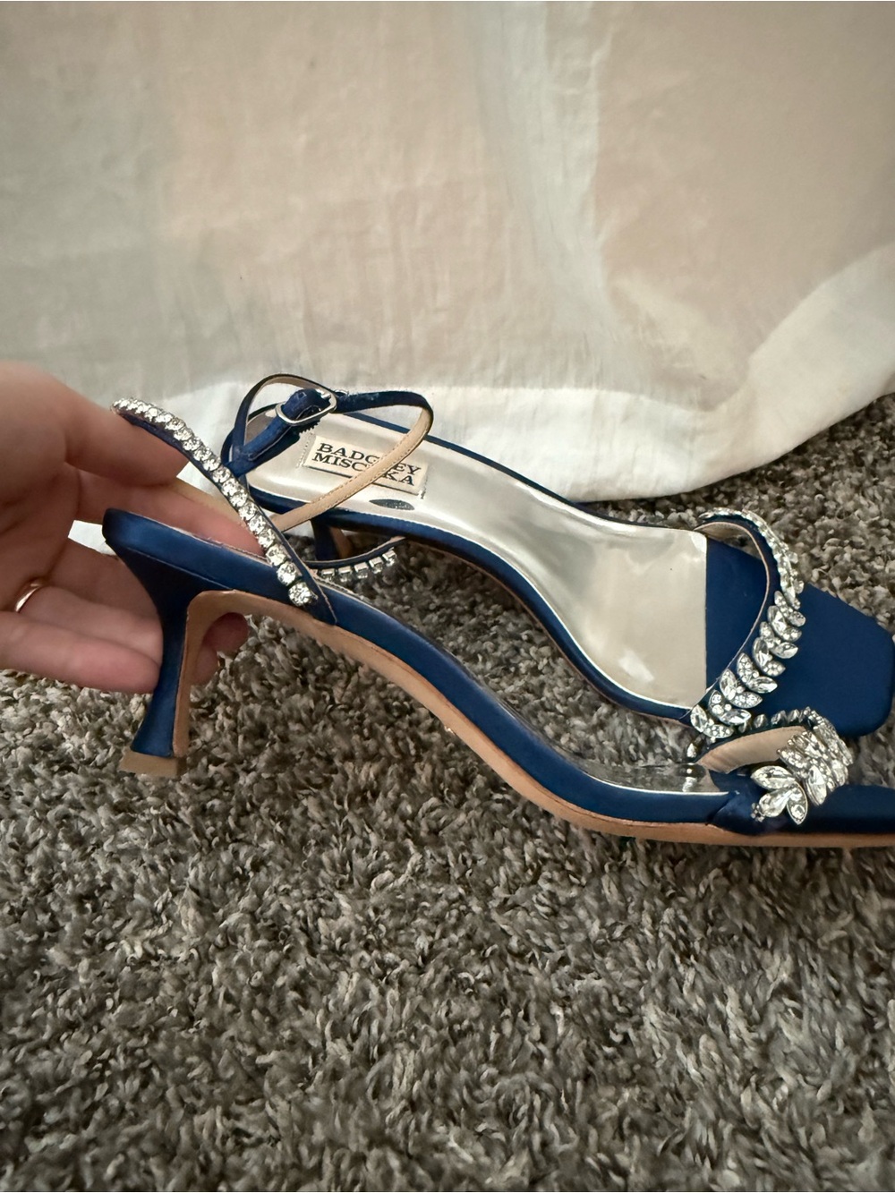 Badgley Mischka Royal Blue Satin Crystal Leaf-Trim Heels - Picture 2 of 5